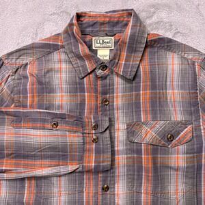 LLBean Mens Plaid Button-Up Shirt Orange Grey Long Sleeve Size S Outdoor Hipster